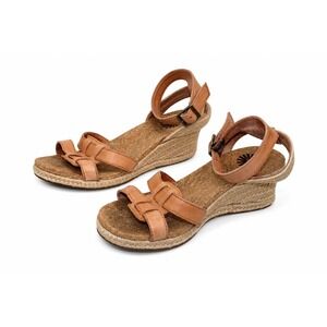 UGG Australia Womens 6.5 Tan Leather Espadrille Wedge Sandals Cork Ankle Strap